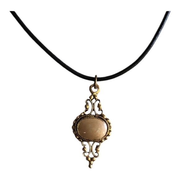 No Brand Jewelry - Unbranded Gold Tone Pendant Taupe Stone Waxed Black Cord Pendant Necklace
